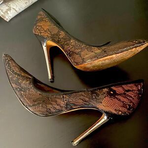 BCBG Max Azria- Leather Lace pointed toe black heels 7.5